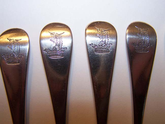 A Fine and Rare Set of 12 English Silver Three-Prong Dessert Forks by Ebenezer Coker, London 1748, each with a 'Coronet' crest. — image 3